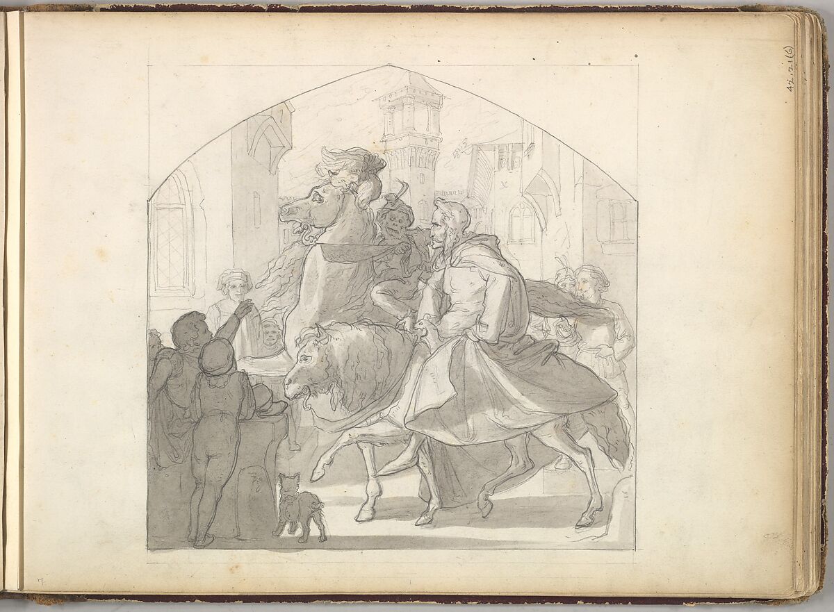 A Man and a Monkey Riding on Horseback (in Sketch Book With Drawings on Twenty-six Leaves), Frederic, Lord Leighton (British, Scarborough 1830–1896 London), Brush and India ink wash over graphite 