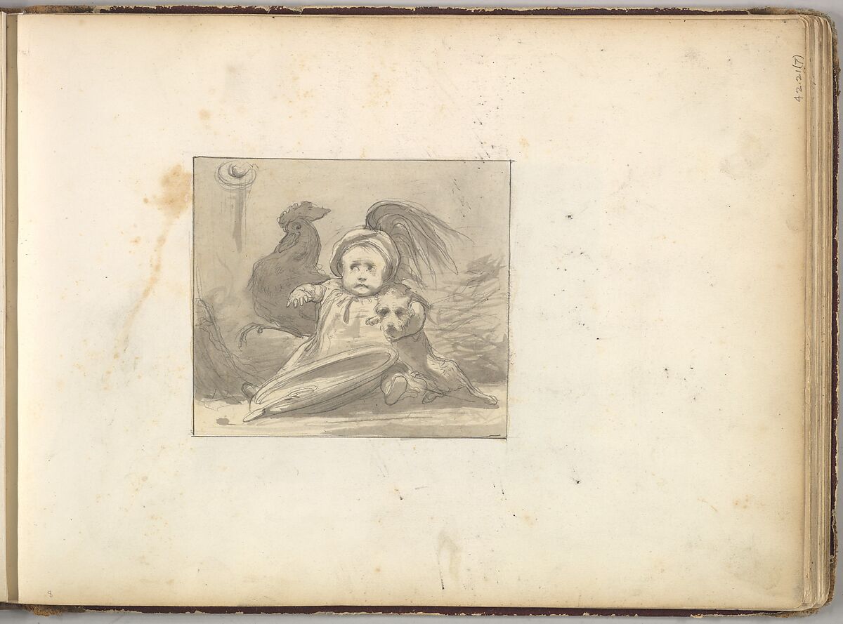 A Baby in 16th century Dress with a Rooster and a Dog (in Sketch Book With Drawings on Twenty-six Leaves), Frederic, Lord Leighton (British, Scarborough 1830–1896 London), Brush and India ink wash over graphite 