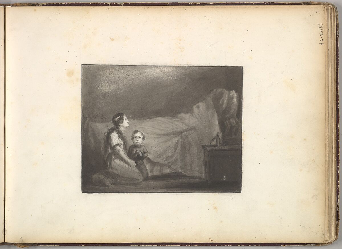 A Deathbed Scene (in Sketch Book With Drawings on Twenty-six Leaves), Frederic, Lord Leighton (British, Scarborough 1830–1896 London), Pen and ink, brush and wash and gouache (bodycolor) 