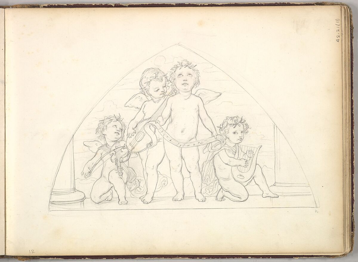 Four Musical Putti  (in Sketch Book With Drawings on Twenty-six Leaves), Frederic, Lord Leighton (British, Scarborough 1830–1896 London), Graphite 