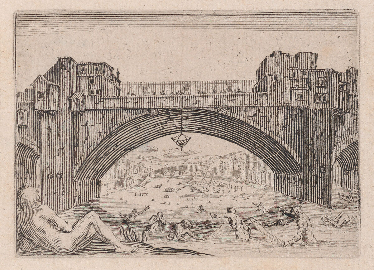 Le Ponte-Vecchio, a Florence (The Ponte-Vecchio, in Florence), from "Les Caprices" Series B, The Nancy Set, Jacques Callot (French, Nancy 1592–1635 Nancy), Etching; first state of two (Lieure) 