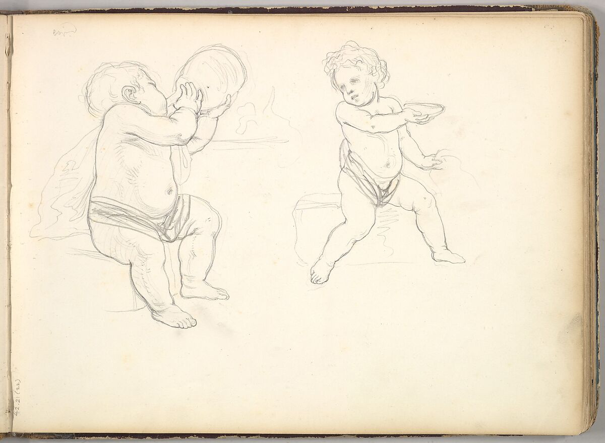 Two Children (in Sketch Book With Drawings on Twenty-six Leaves), Frederic, Lord Leighton (British, Scarborough 1830–1896 London), Graphite 