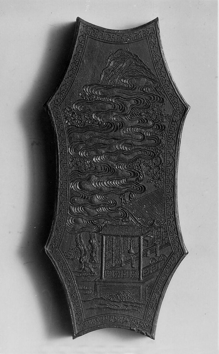 Flying Clouds Pavilion, Workshop of Jian Guzhai (Chinese,), Pine soot and binding medium; inscribed in gilt, China