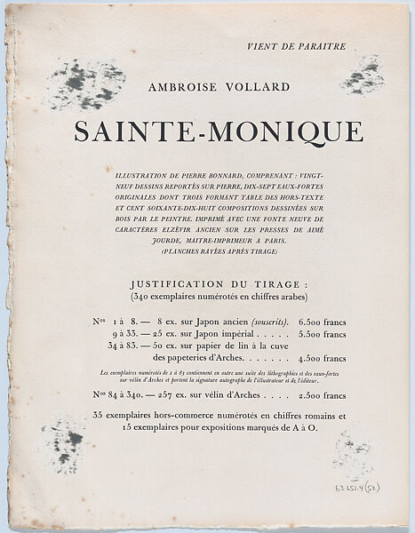 Prospectus for the book "The Life of Saint Monica", Pierre Bonnard (French, Fontenay-aux-Roses 1867–1947 Le Cannet), Lithograph