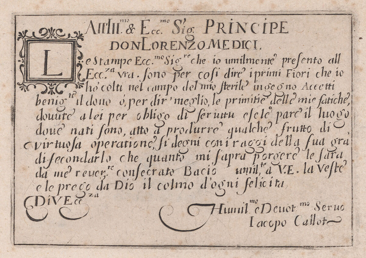 Dedication to Lorenzo de' Medici, from "Les Caprices" Series B, The Nancy Set, Jacques Callot (French, Nancy 1592–1635 Nancy), Etching 