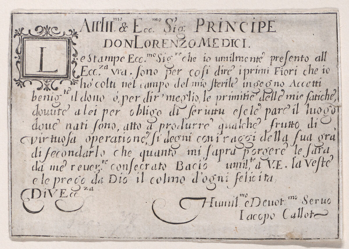 Dedication to Lorenzo de'Medici, from Les Caprices Series B, The Nancy Set, Jacques Callot (French, Nancy 1592–1635 Nancy), Etching 