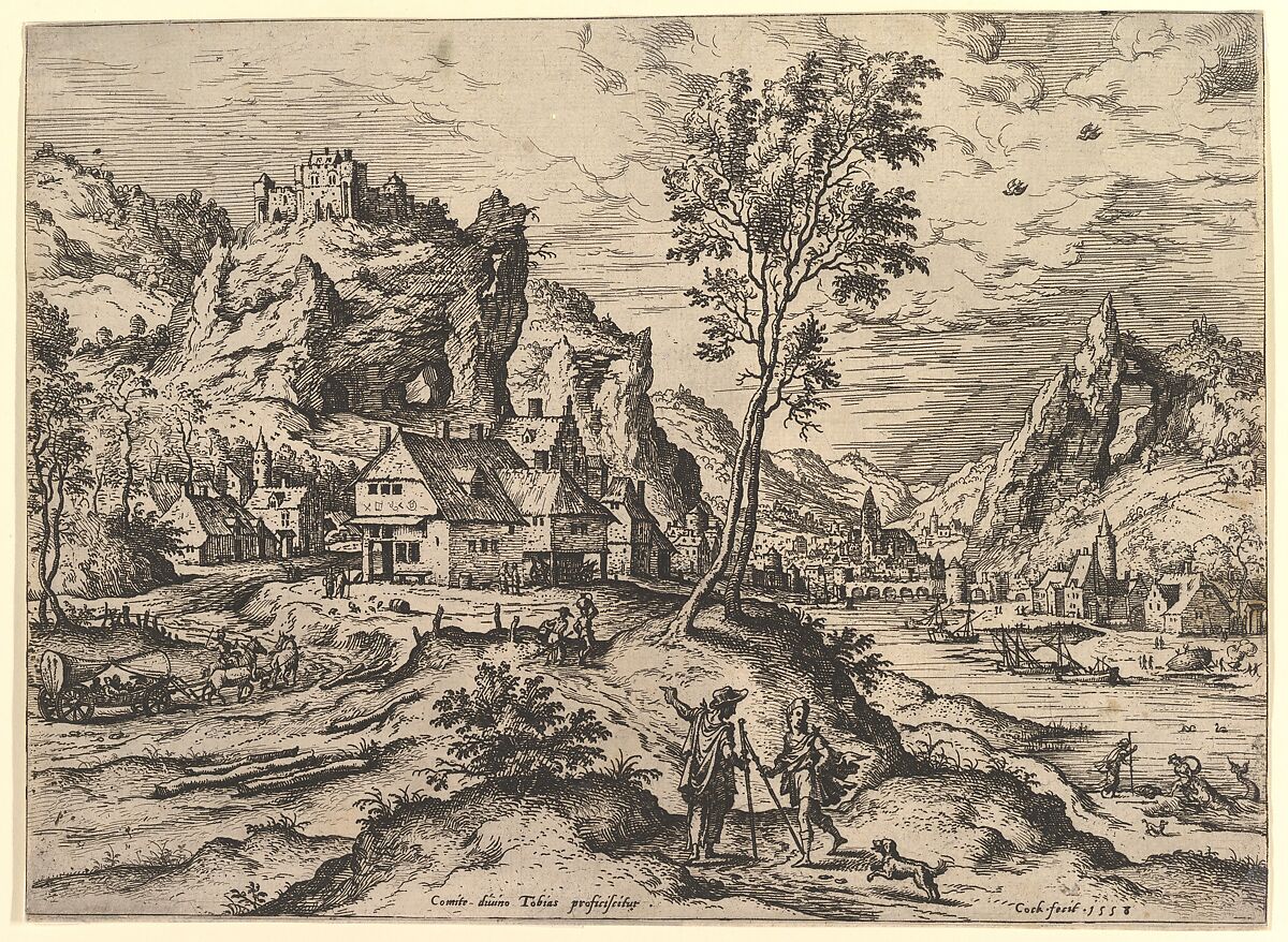 Tobit from Landscapes with Biblical and Mythological Scenes, Hieronymus Cock (Netherlandish, Antwerp ca. 1510–1570 Antwerp), Etching 