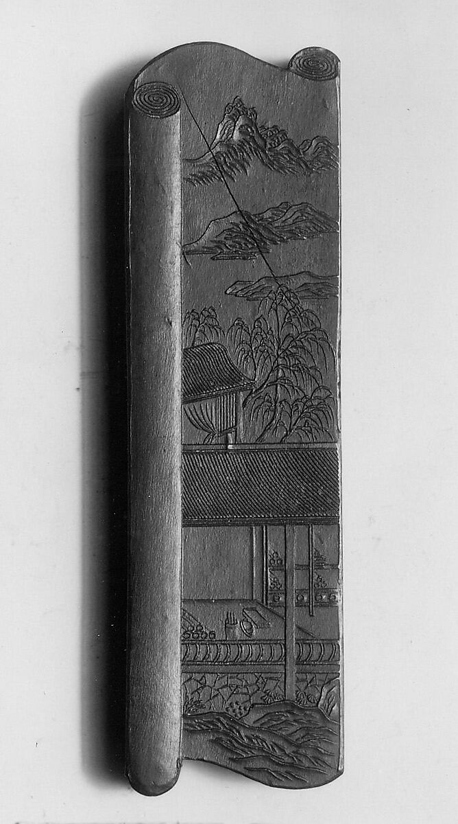 Ink tablet inscribed “Room for Meditating on Painting”, Workshop of Jian Guzhai (Chinese,), Pine soot and binding medium; inscribed in gilt, China