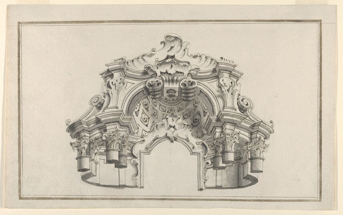 Perspectival View of the Top Half of an Altar or Portal, Anonymous, German, 18th century, Pen and ink with gray washes 