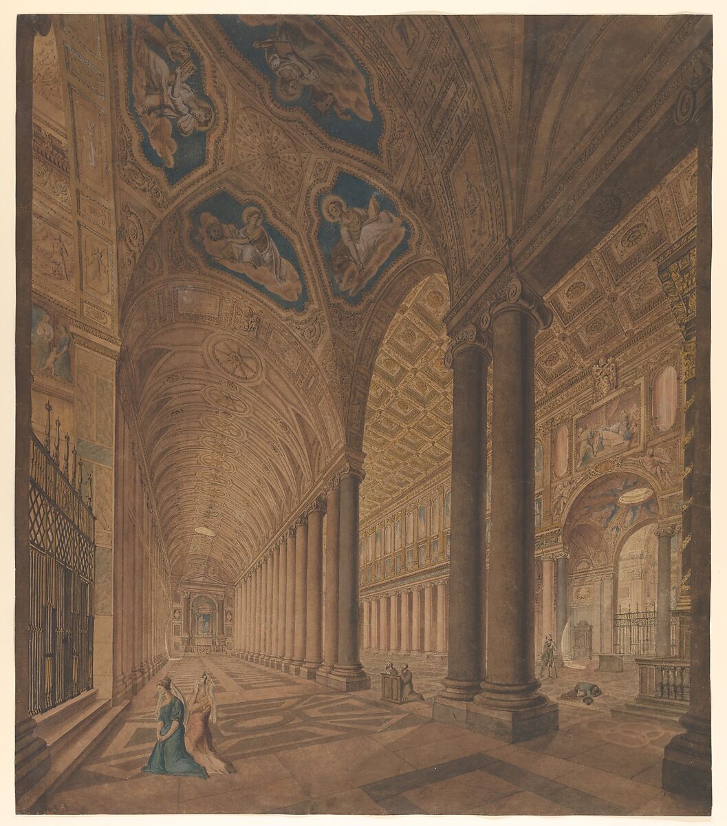 Interior View of the Basilica of Santa Maria Maggiore, Rome, Anton Hallmann (German, Hannover 1812–1845 Livorno), Watercolor, pen and ink over graphite 