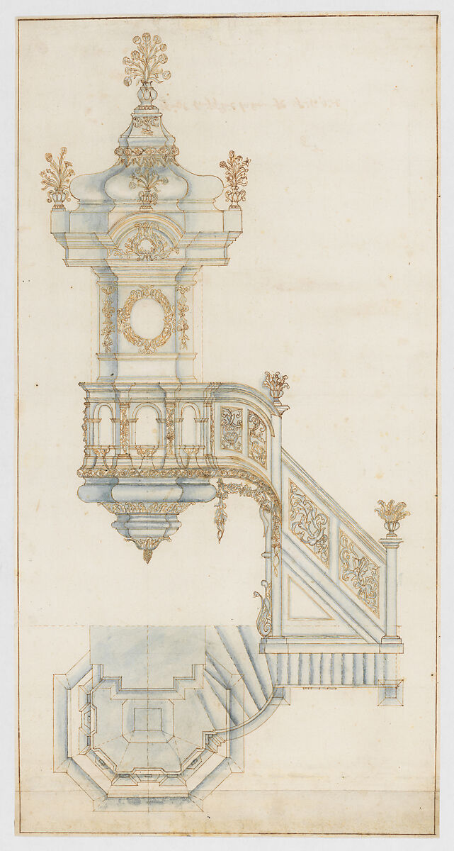 Design for a Pulpit, Michael Furtner the Elder (German, active Bavaria), Pen and ink, brush and wash 