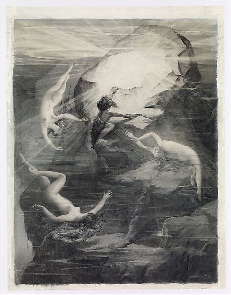 Alberich and the Rhinemaidens, Luc-Olivier Merson (French, Paris 1846–1920 Paris), Watercolor and gouache over graphite