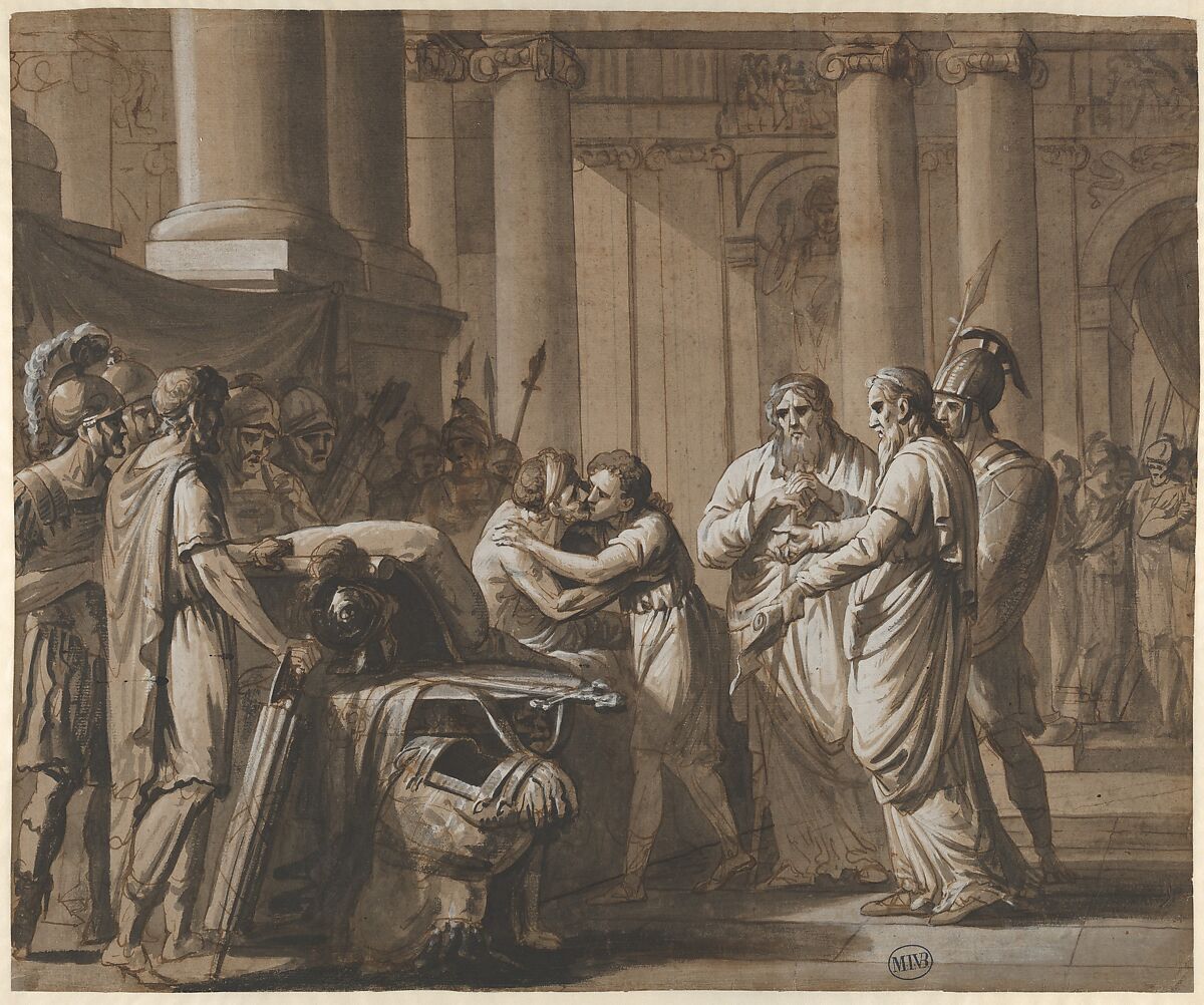 Scene from Roman History, depicting a Youth receiving Armor from a Dying Man (Scipio Africanus and His Son?), Mathieu-Ignace van Bree (Flemish, Antwerp 1773–1839 Antwerp), Pen and black ink, brush and black and gray wash, heightened with white gouache, black chalk 