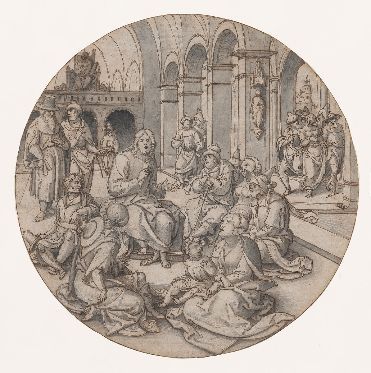 Christ Preaching in the Synagogue, with the Pharisees Bringing the Woman Taken in Adultery, Dirck Vellert (Netherlandish, Amsterdam (?) ca. 1480/85–ca. 1547), Pen and brown ink, brush and gray ink; framing line in pen and brown ink, by the artist