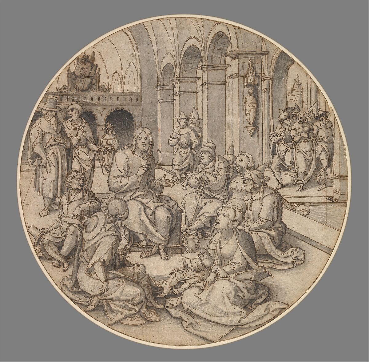 Christ Preaching in the Synagogue, with the Pharisees Bringing the Woman Taken in Adultery, Dirck Vellert (Netherlandish, Amsterdam (?) ca. 1480/85–ca. 1547), Pen and brown ink, brush and gray ink; framing line in pen and brown ink, by the artist 