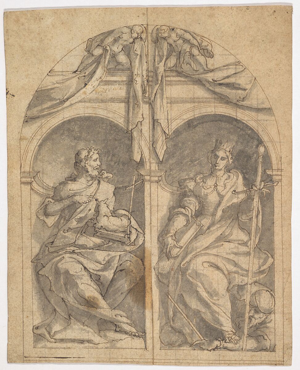 Two Wings of an Altarpiece depicting Saints John the Baptist and Catherine in Niches Surmounted by Angels, Jan van Scorel (Netherlandish, Schoorl 1495–1562 Utrecht), Pen and brown ink, gray wash, squared with black chalk or graphite; framing line in pen and brown ink, by the artist; on two separate pieces of paper, later laid down 
