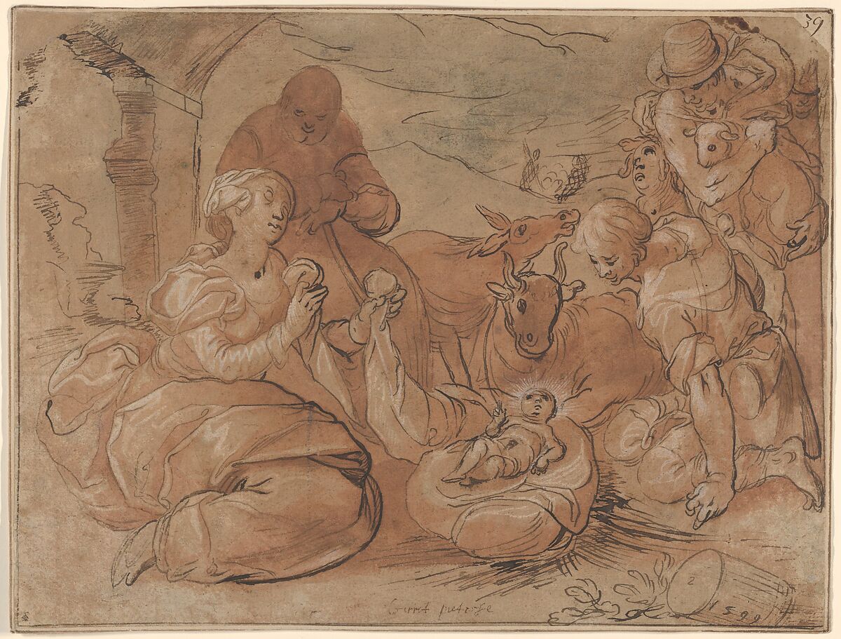The Adoration of the Shepherds, Gerrit Pietersz. Sweelink (Netherlandish, Amsterdam 1566–before 1612 (?)), Pen and brown ink, brownish-red wash, heightened with white gouache; framing line in pen and brown ink, by a later hand 