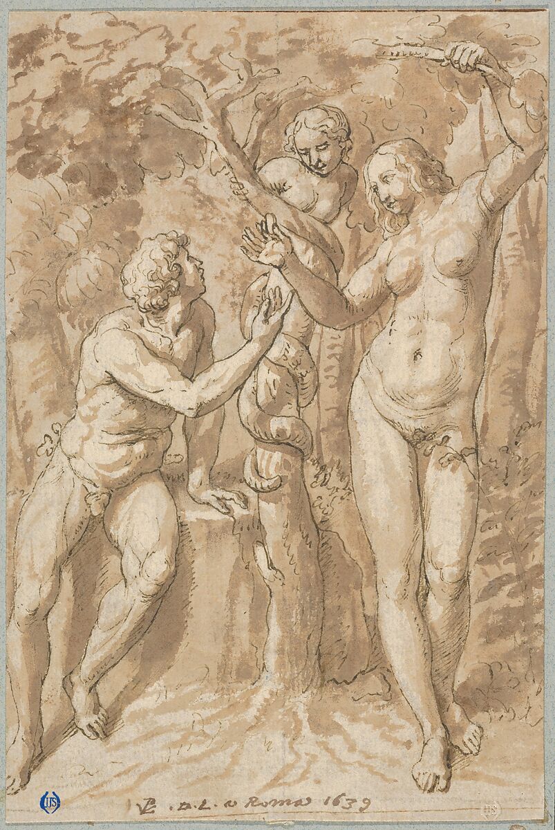 The Temptation of Eve, Peter van Lint (Flemish, Antwerp 1609–1690 Antwerp), Pen and brown ink, brush and brown wash, over black chalk; squared in black chalk; framing lines in pen and brown ink 