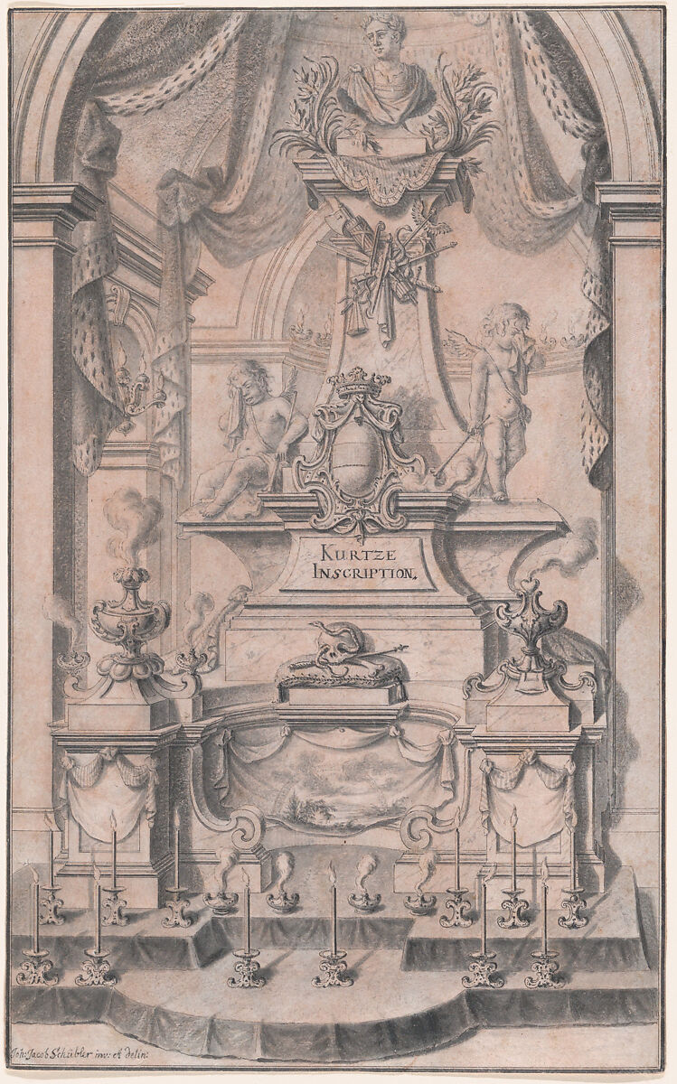 Design for a Funeral Monument (Preparatory Drawing for a Print), Johann Jakob Schübler (German, Nuremberg 1689–1741 Nuremberg), Pink wash, pen and black ink with gray washes 