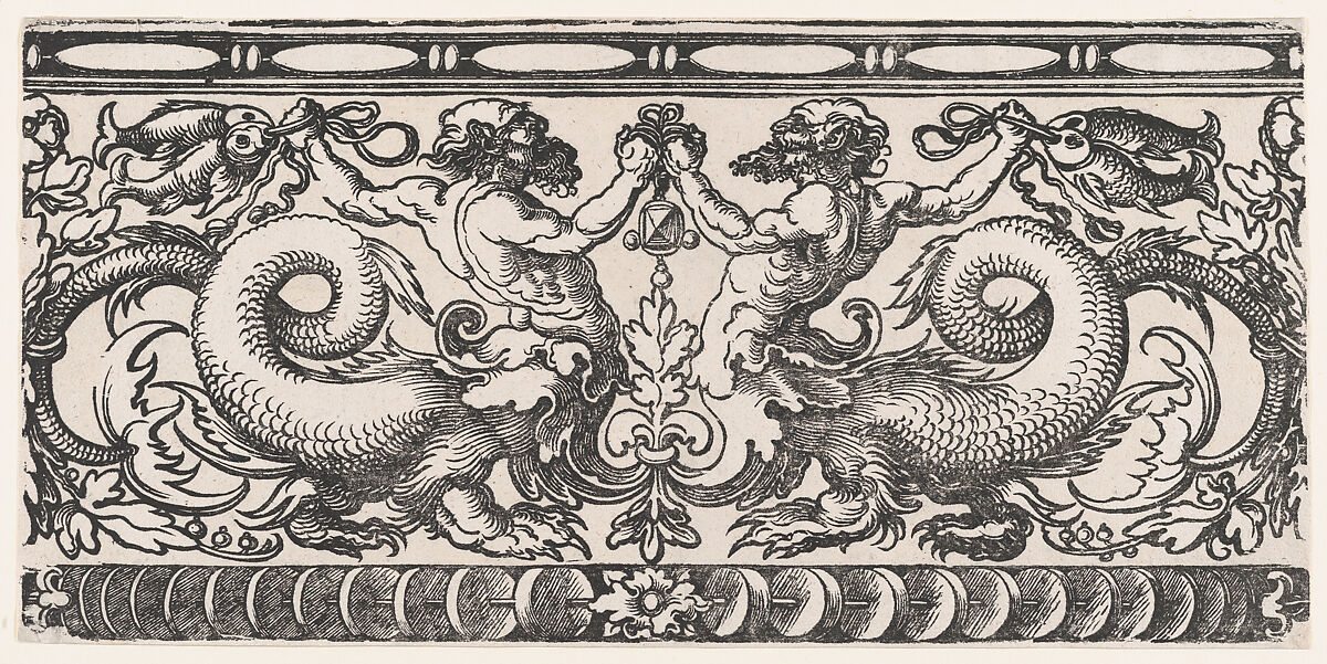 Symmetric Ornamental Frieze with Two Fighting Hybridic Creatures (Half Satyr, Half Dragon) holding Fish, Sebald Beham (German, Nuremberg 1500–1550 Frankfurt), Woodcut 