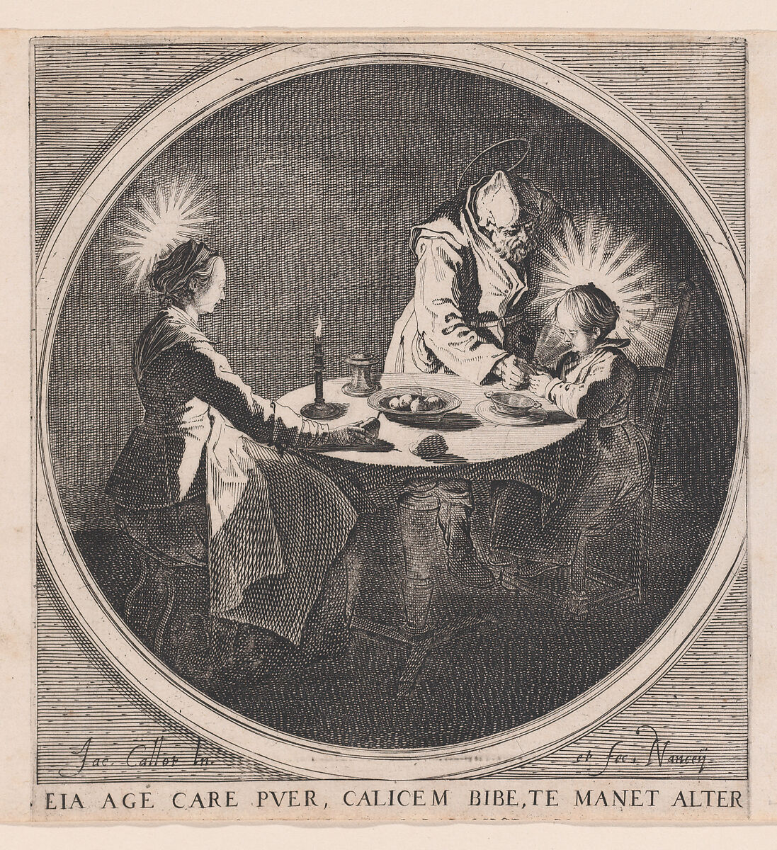 Le Benedicite, estampe appelée aussi La Sainte Famille a Table et St. Joseph Faisant Boire L'Enfant Jésus (The Grace, also called The Holy Family at the Table and St. Joseph Giving the Christ Child a Drink), Jacques Callot (French, Nancy 1592–1635 Nancy), Etching and engraving; third state of four (Lieure) 