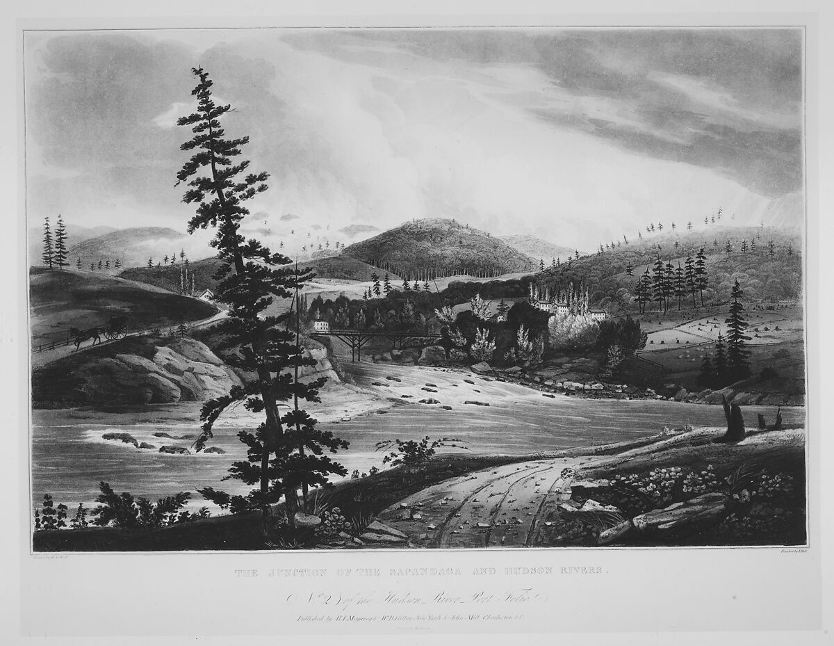 Junction of the Sacandaga and Hudson Rivers (No. 2 of The Hudson River Portfolio), John Hill (American (born England), London 1770–1850 Clarksville, New York), Aquatint printed in color with hand-coloring; first state of two
