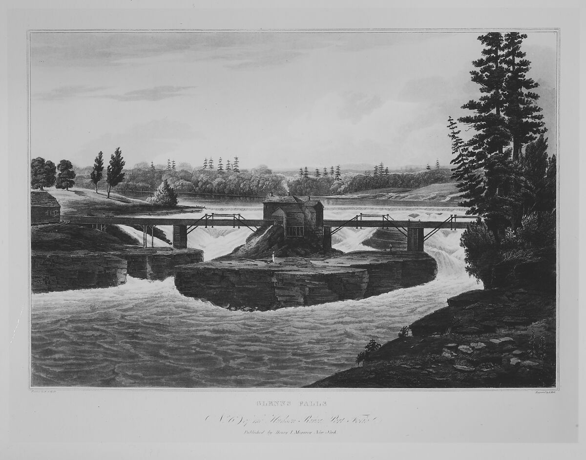 Glenns Falls (No. 6 of The Hudson River Portfolio), John Hill (American (born England), London 1770–1850 Clarksville, New York), Aquatint printed in color with hand-coloring; first state of two (Koke)