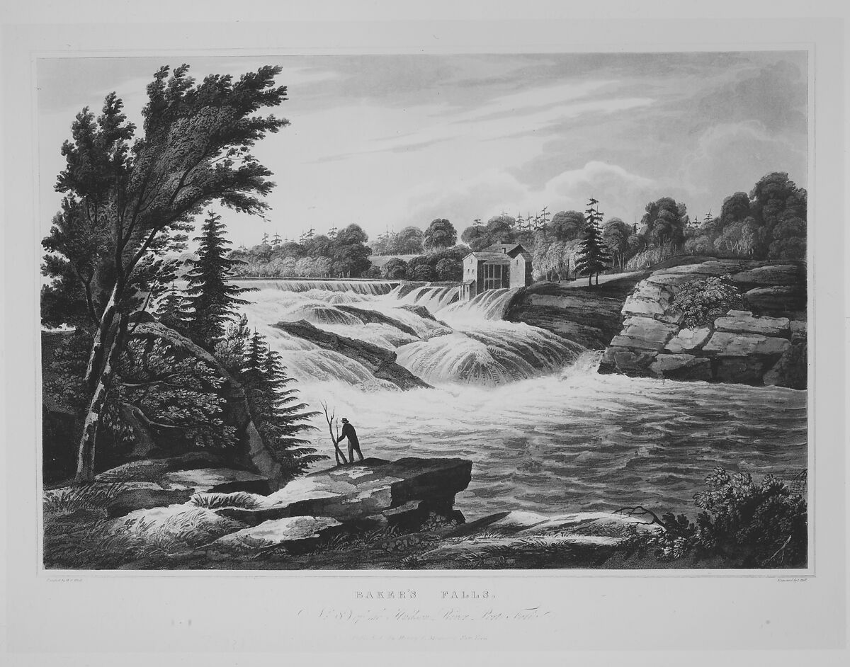 Baker's Falls (No. 8 of The Hudson River Portfolio), John Hill (American (born England), London 1770–1850 Clarksville, New York), Aquatint printed in color with hand-coloring; first state of two (Koke)