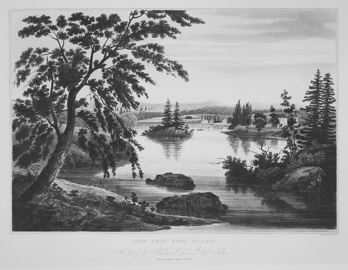 View Near Fort Miller (No. 10 (later changed to No. 9) of The Hudson River Portfolio), John Hill (American (born England), London 1770–1850 Clarksville, New York), Aquatint printed in color with hand-coloring; first state of two (Koke)