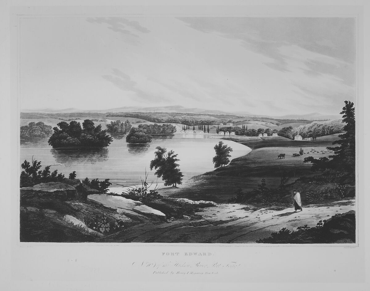 Fort Edward (No. 10 of The Hudson River Portfolio), John Hill (American (born England), London 1770–1850 Clarksville, New York), Aquatint printed in color with hand-coloring; first state of three (Koke)