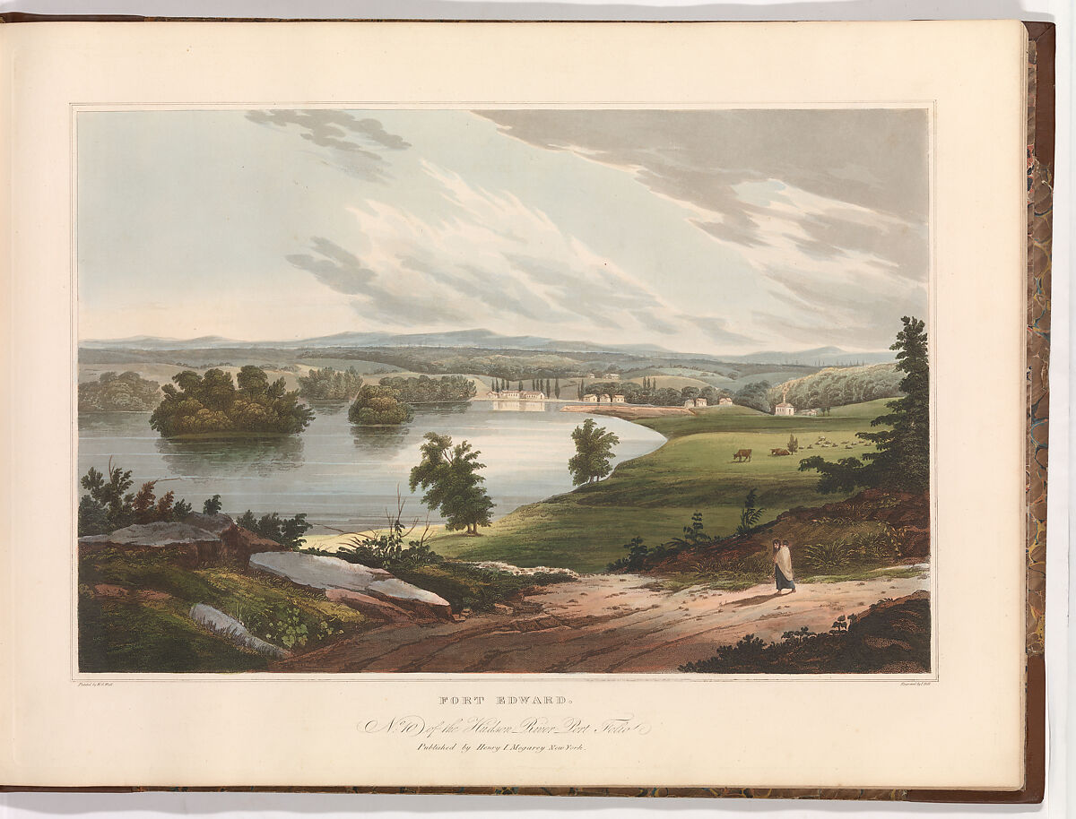 Fort Edward (No. 10 of The Hudson River Portfolio), John Hill (American (born England), London 1770–1850 Clarksville, New York), Aquatint printed in color with hand-coloring; first state of three (Koke) 