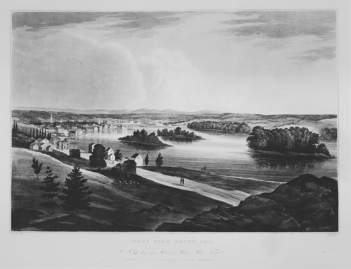Troy from Mount Ida (No. 11 of The Hudson River Portfolio), Begun by John Rubens Smith (American, London 1775–1849 New York), Aquatint printed in color with hand-coloring; first state (Koke)