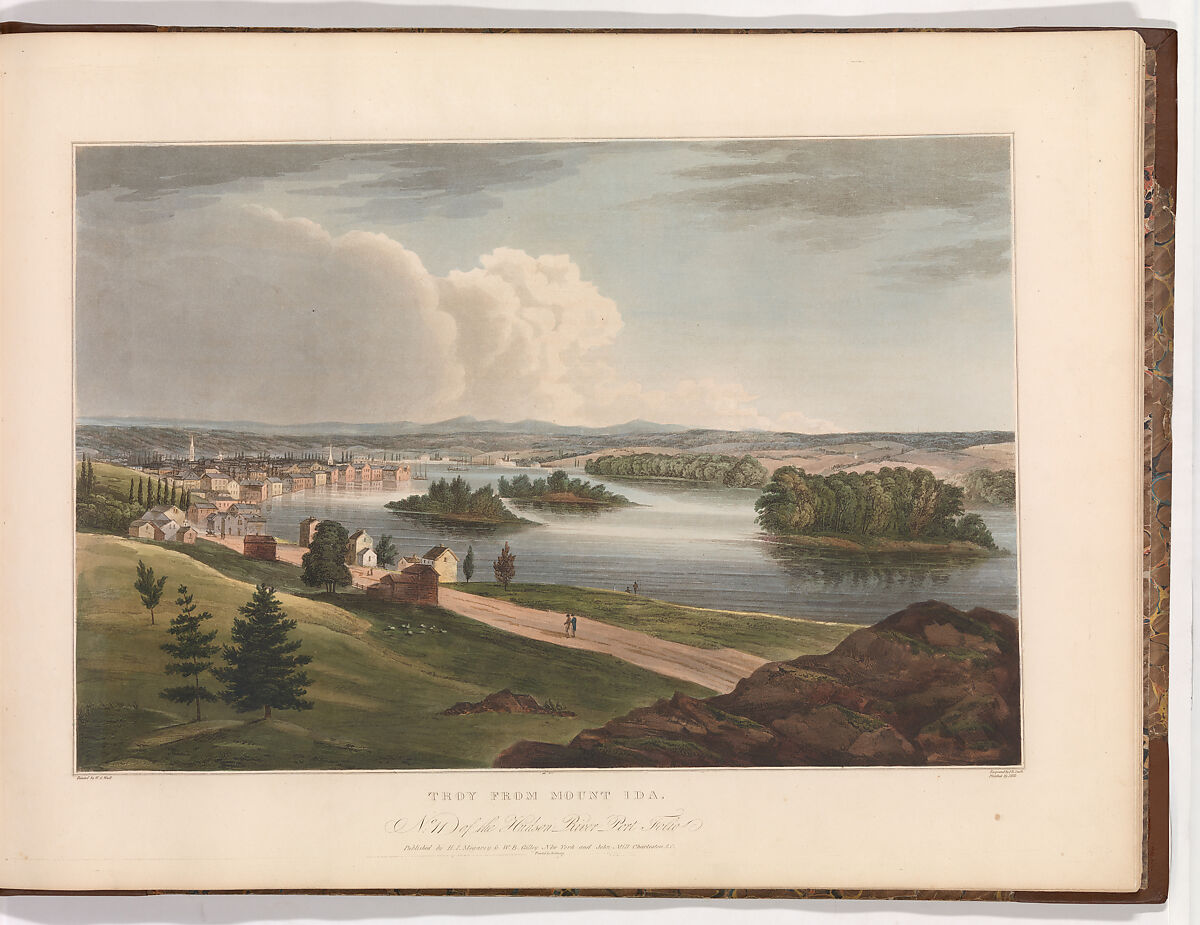 Troy from Mount Ida (No. 11 of The Hudson River Portfolio), Begun by John Rubens Smith (American, London 1775–1849 New York), Aquatint printed in color with hand-coloring; first state (Koke) 