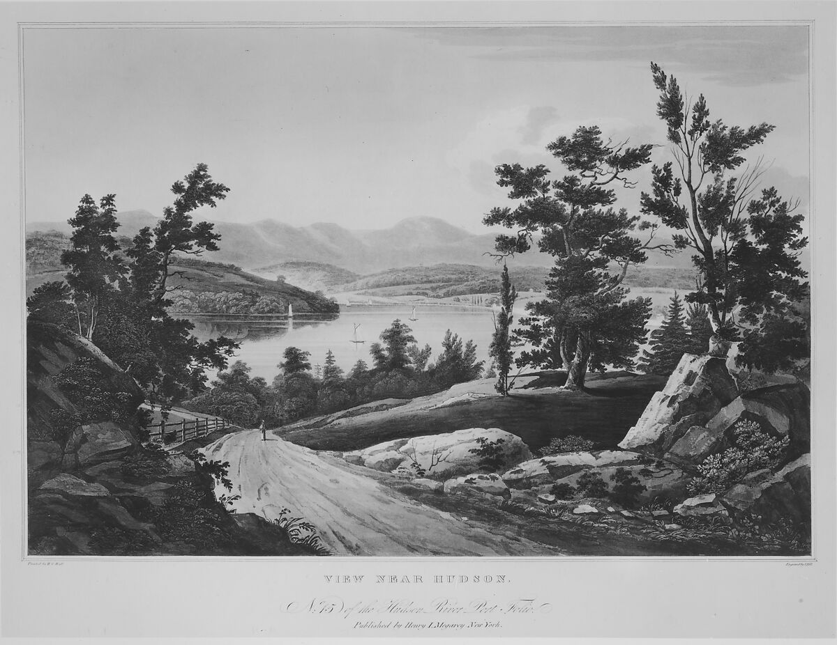 View Near Hudson (No. 15 (later No. 12) of The Hudson River Portfolio), John Hill (American (born England), London 1770–1850 Clarksville, New York), Aquatint printed in color with hand-coloring; first state of three (Koke)