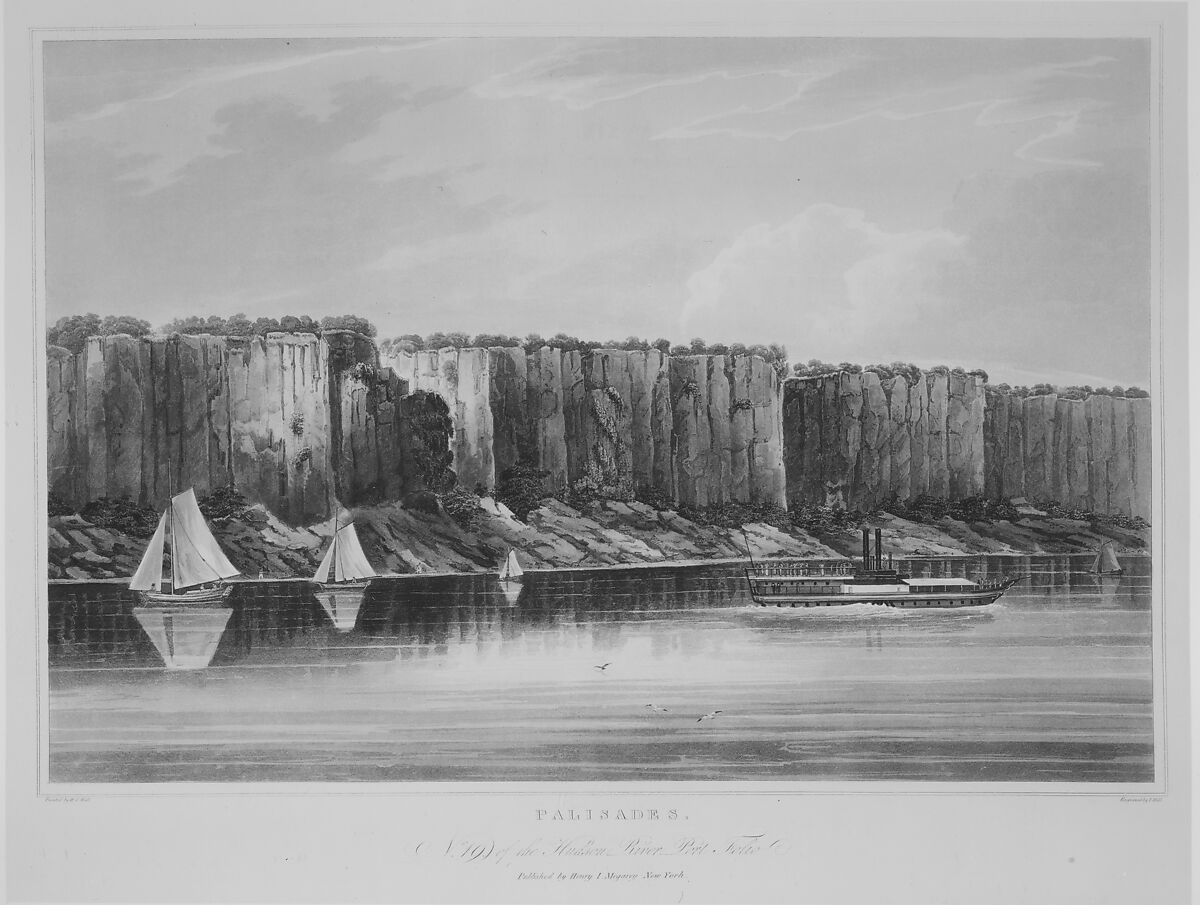 The Palisades (No. 19 of The Hudson River Portfolio), John Hill (American (born England), London 1770–1850 Clarksville, New York), Aquatint printed in color with hand-coloring; first state of two (Koke)
