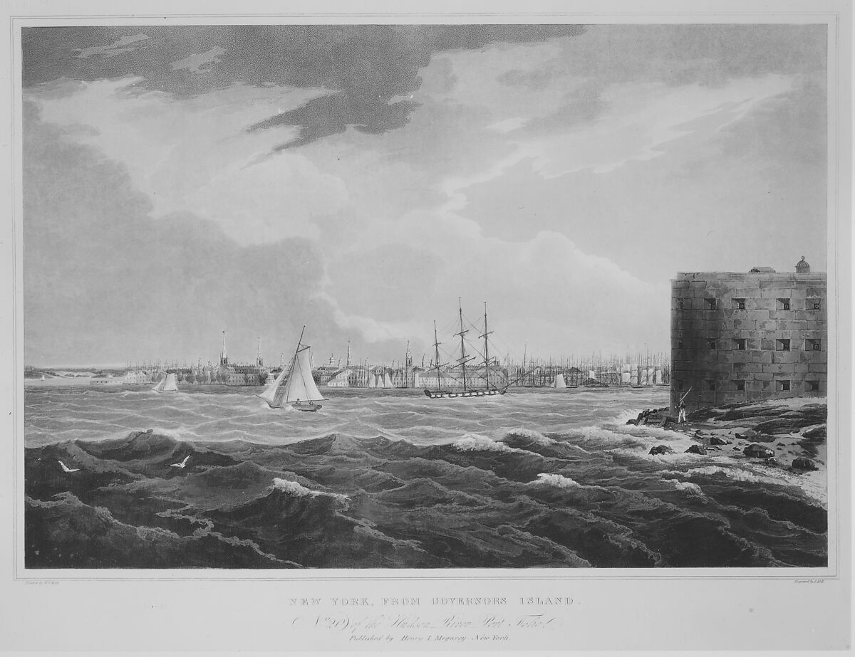 New York from Governor's Island (No. 20 of The Hudson River Portfolio), John Hill (American (born England), London 1770–1850 Clarksville, New York), Aquatint printed in color with hand-coloring; first state of three (Koke)