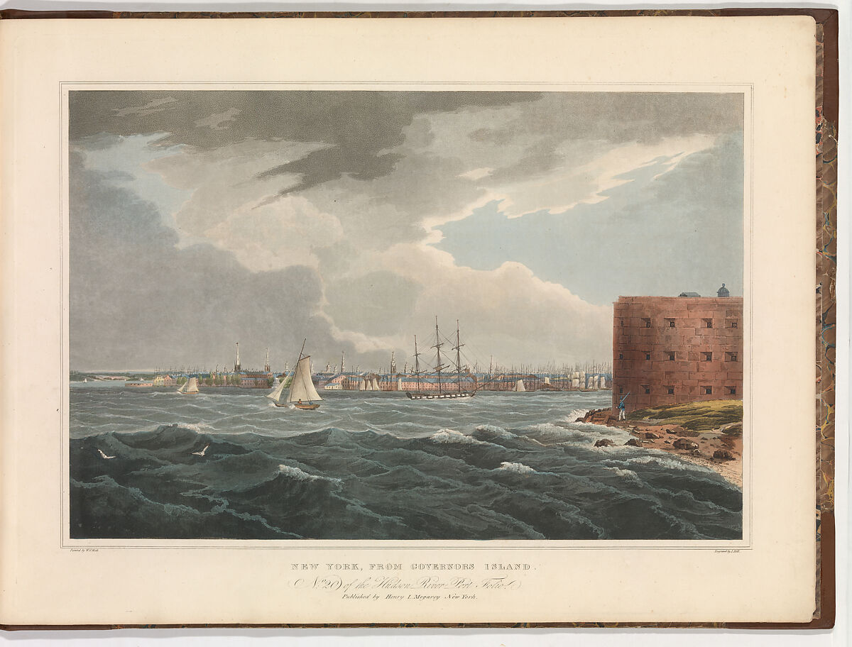 New York from Governor's Island (No. 20 of The Hudson River Portfolio), John Hill (American (born England), London 1770–1850 Clarksville, New York), Aquatint printed in color with hand-coloring; first state of three (Koke) 