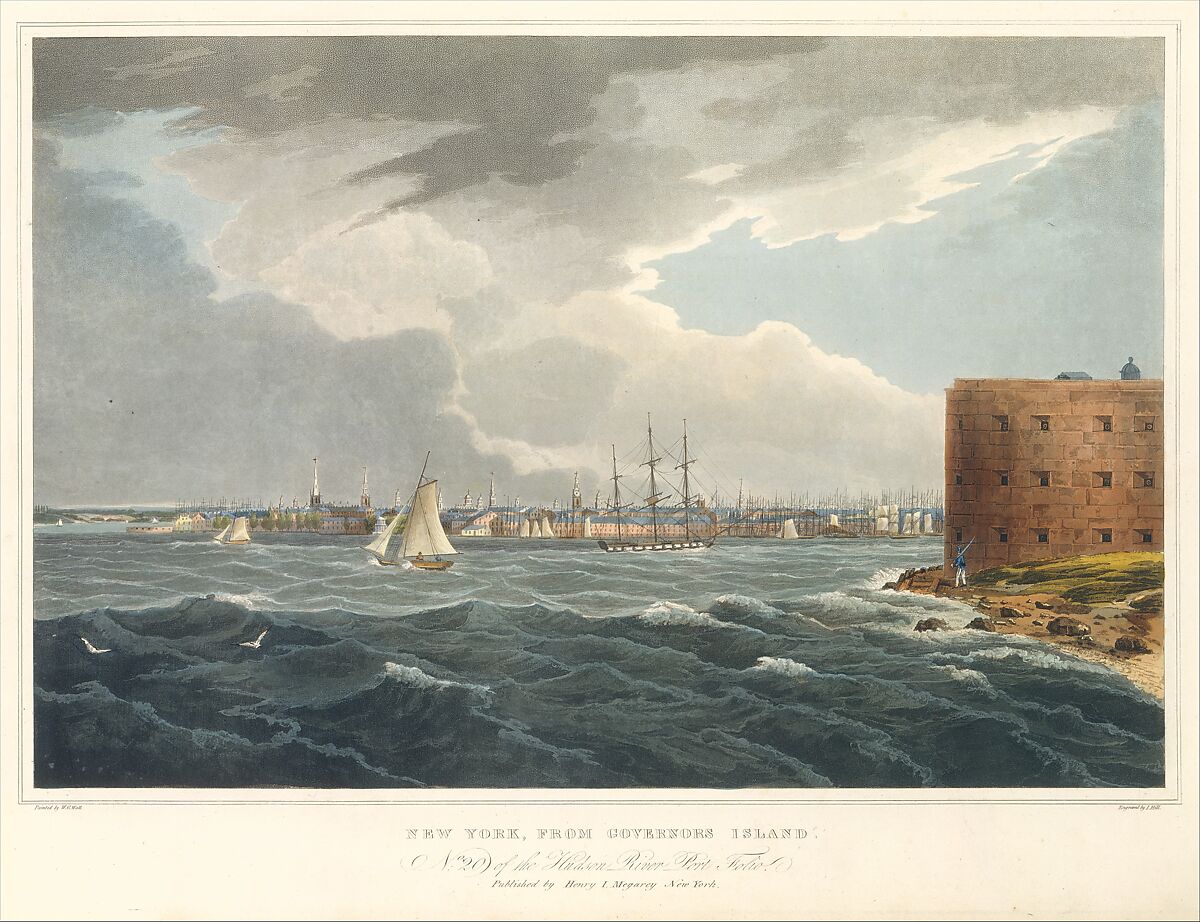 New York from Governor's Island (No. 20 of The Hudson River Portfolio), John Hill (American (born England), London 1770–1850 Clarksville, New York), Aquatint printed in color with hand-coloring; first state of three (Koke)