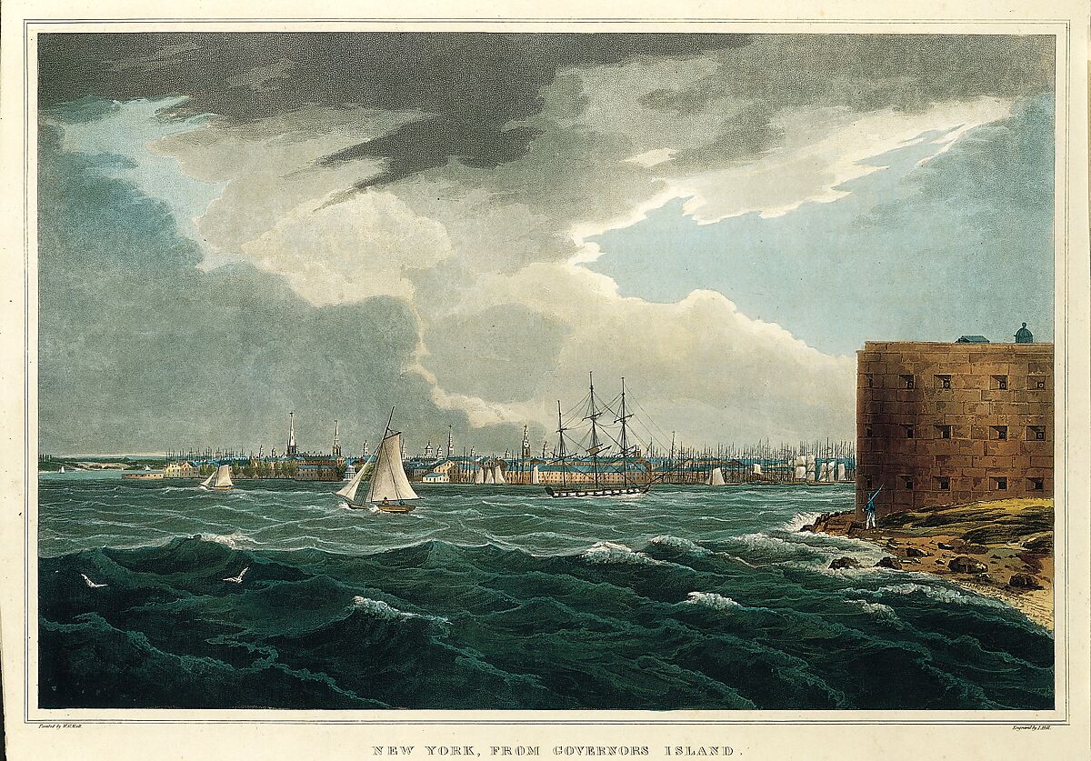 New York from Governor's Island (No. 20 of The Hudson River Portfolio), John Hill (American (born England), London 1770–1850 Clarksville, New York), Aquatint printed in color with hand-coloring; first state of three (Koke)