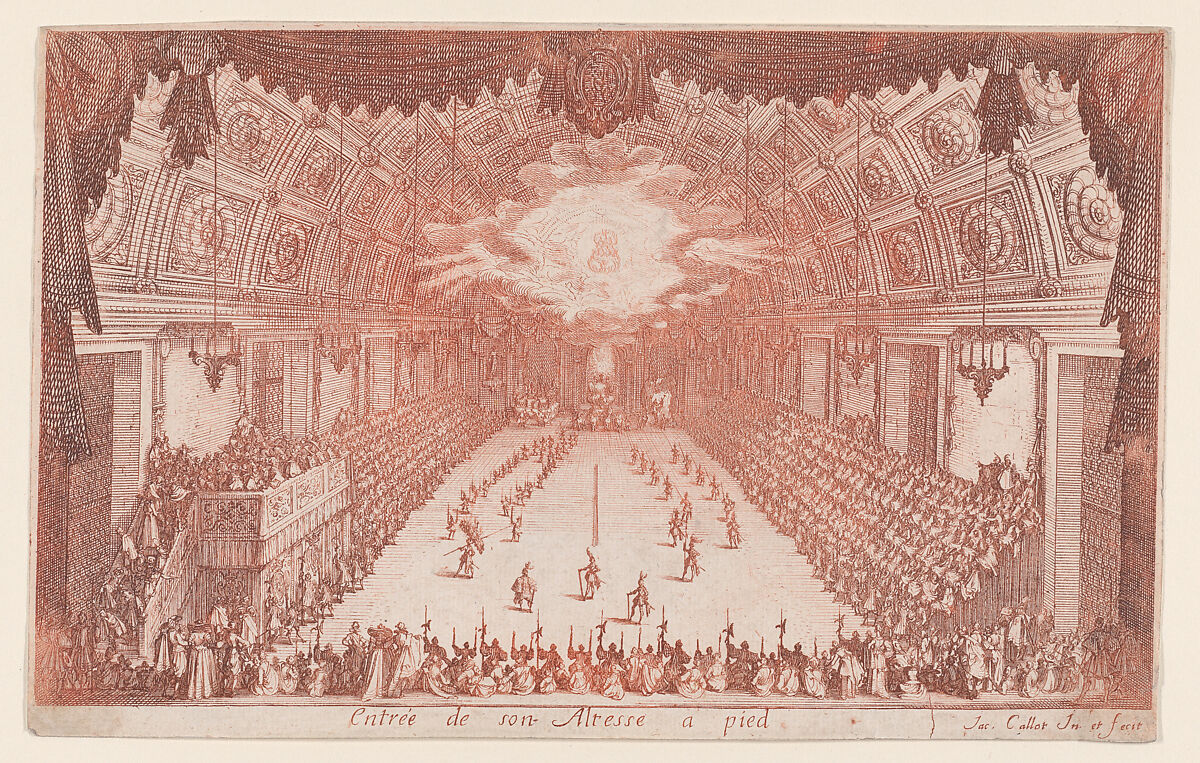 La Défilé a Pied (The Parade on Foot), from Le Combat a la Barrière in the Palace at Nancy by Henri Humbert, printed by Sebastien Phillipe, Jacques Callot (French, Nancy 1592–1635 Nancy), Etching in red ink; second state of two (Lieure) 