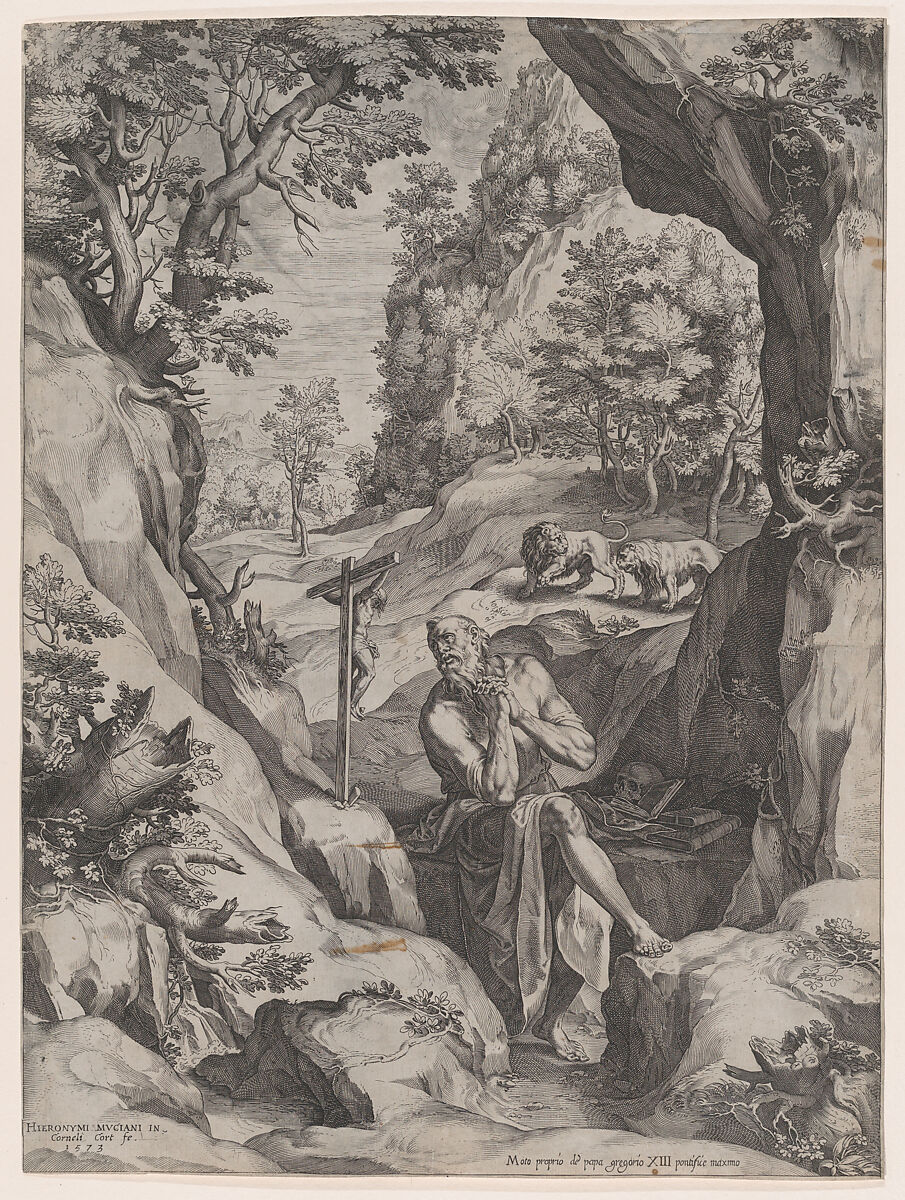 St Jerome Penitent in the Wilderness, Cornelis Cort (Netherlandish, Hoorn ca. 1533–1578 Rome), Engraving 