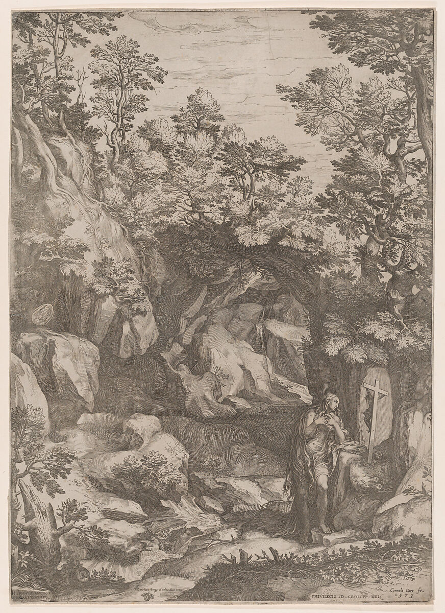 Mary Magdalen Repentant in the Wilderness, Cornelis Cort (Netherlandish, Hoorn ca. 1533–1578 Rome), Engraving 