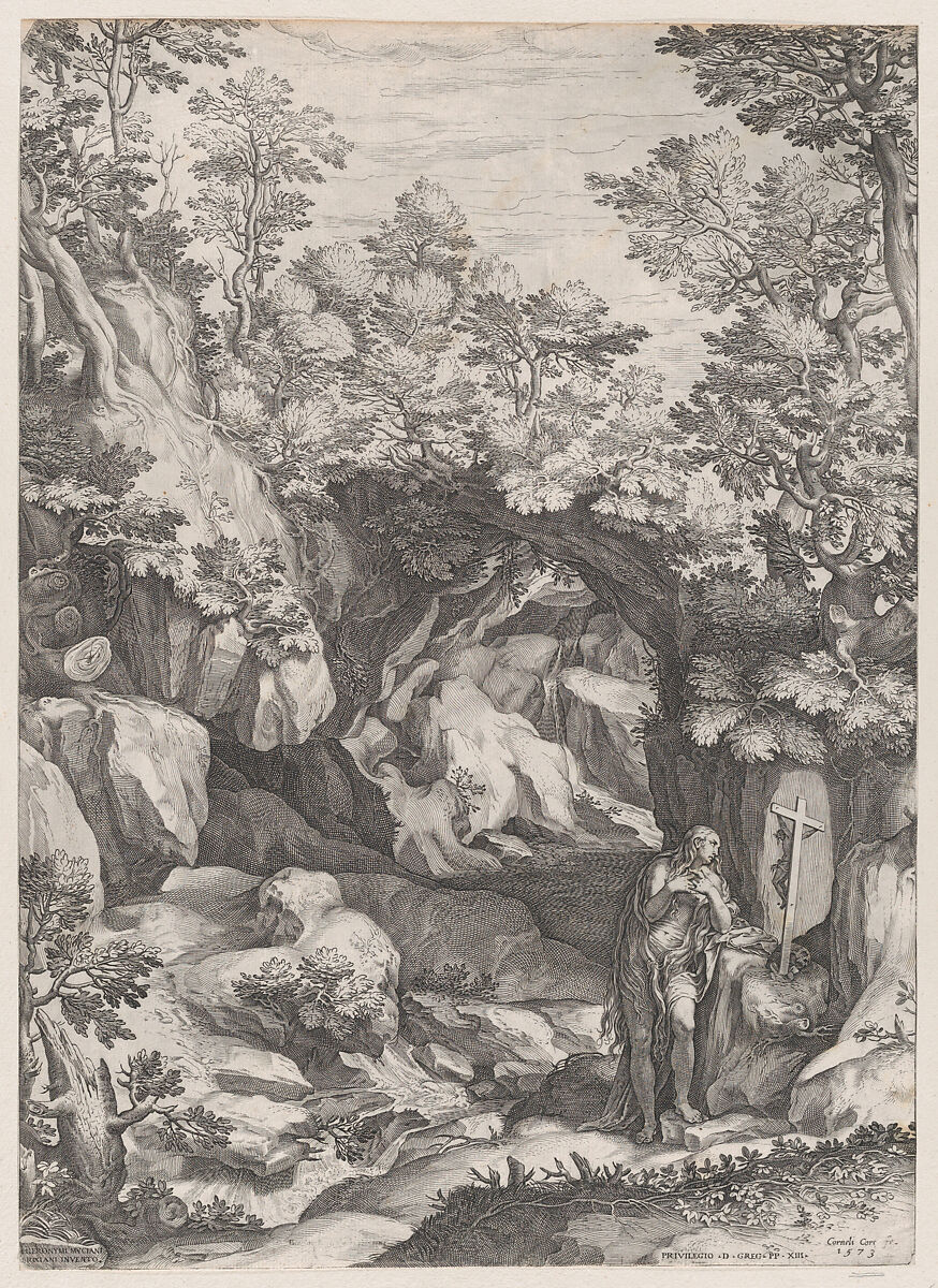 Mary Magdalen Repentant in the Wilderness, Cornelis Cort (Netherlandish, Hoorn ca. 1533–1578 Rome), Engraving 