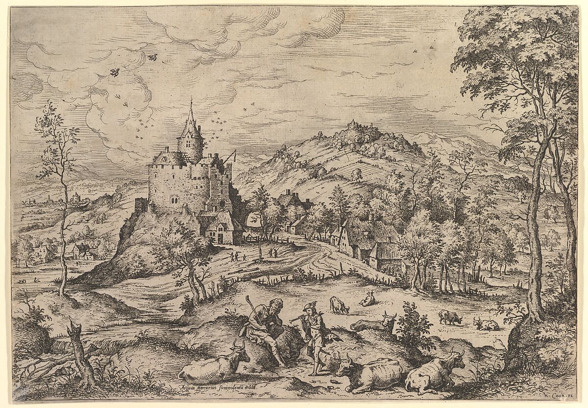 Mercury Lulling Argus to Sleep from Landscapes with Biblical and Mythological Scenes, Hieronymus Cock (Netherlandish, Antwerp ca. 1510–1570 Antwerp), Etching 