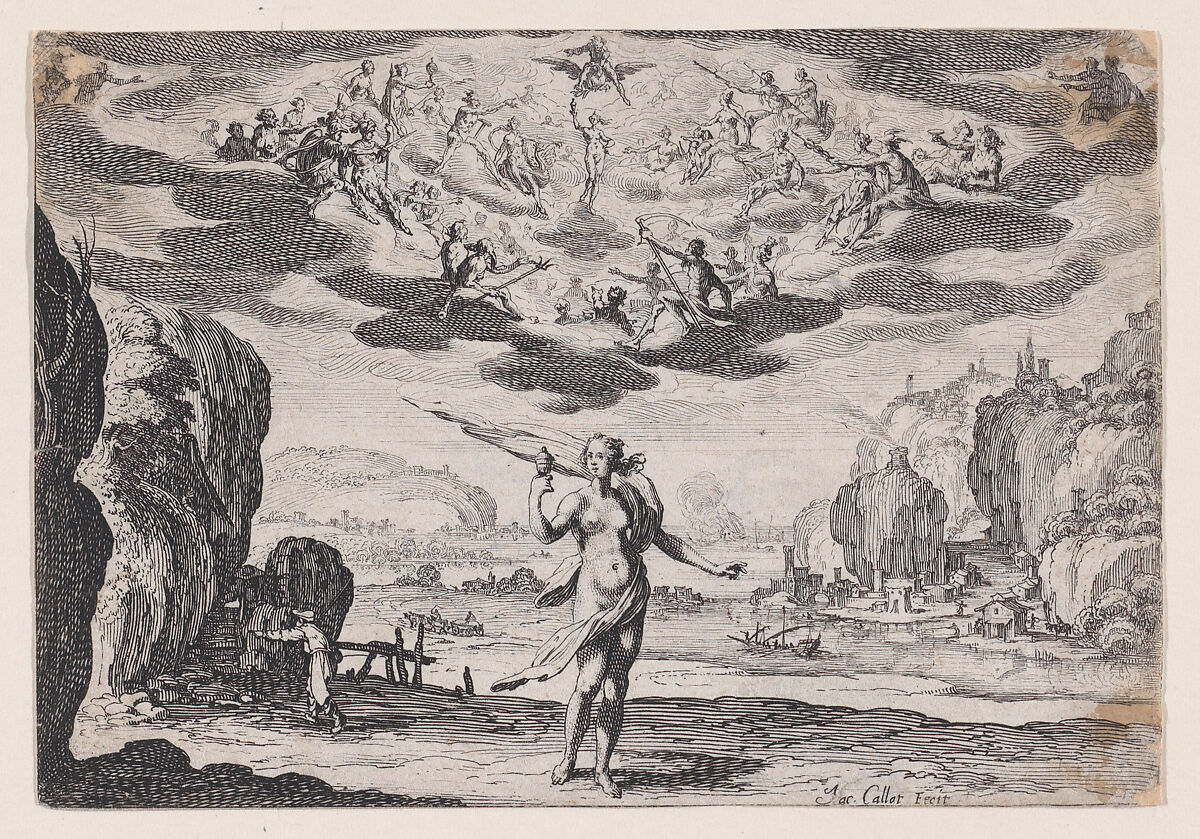 Pandore (Pandora), Jacques Callot (French, Nancy 1592–1635 Nancy), Etching; second state of two (Lieure) 