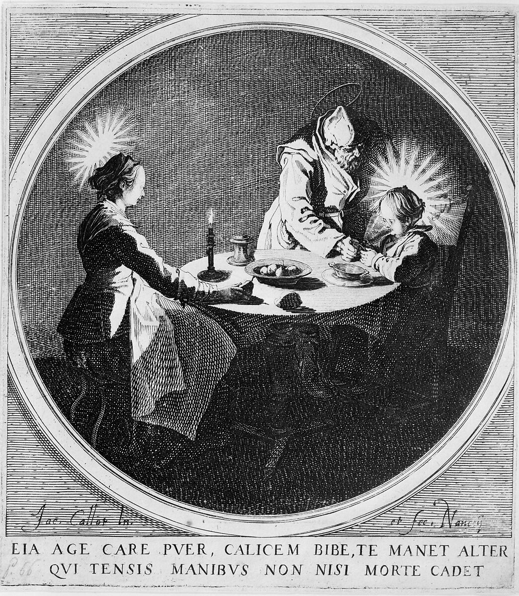 Le Benedicite, estampe appelée aussi La Sainte Famille a Table et St. Joseph Faisant Boire L'Enfant Jésus (The Grace, also called The Holy Family at the Table and St. Joseph Giving the Christ Child a Drink), Jacques Callot (French, Nancy 1592–1635 Nancy), Etching; third state of four (Lieure)
