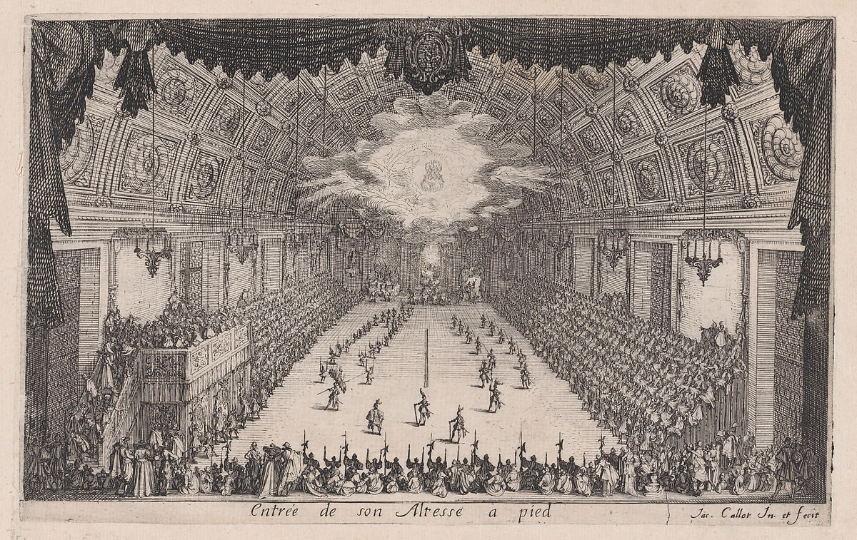 La Défilé a Pied (The Parade on Foot), from Le Combat a la Barrière in the Palace at Nancy by Henri Humbert, printed by Sebastien Phillipe, Jacques Callot (French, Nancy 1592–1635 Nancy), Etching; second state of two (Lieure) 