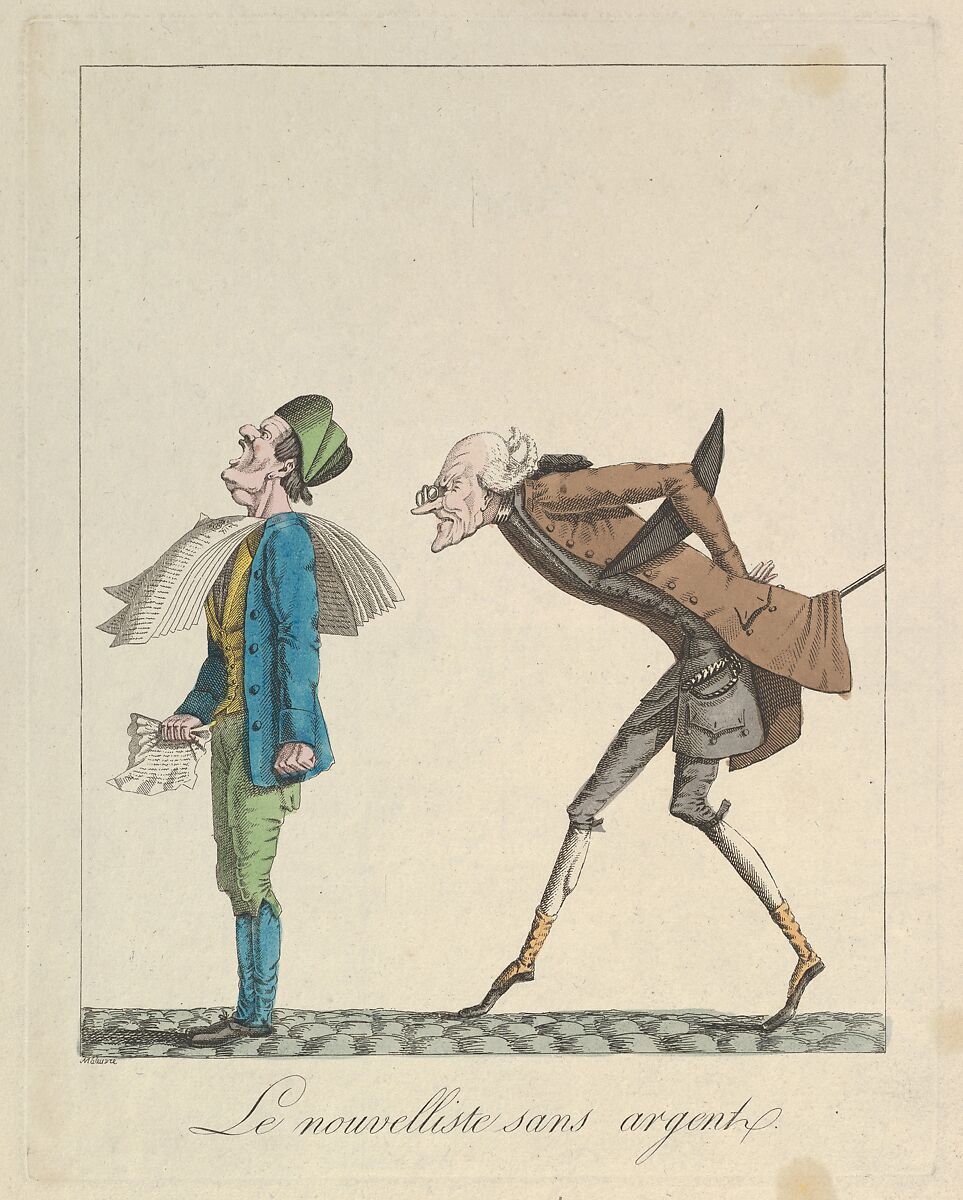 Le Nouvelliste Sans Argent, Louis Maleuvre (French, 1785–after 1837), Hand-colored etching 