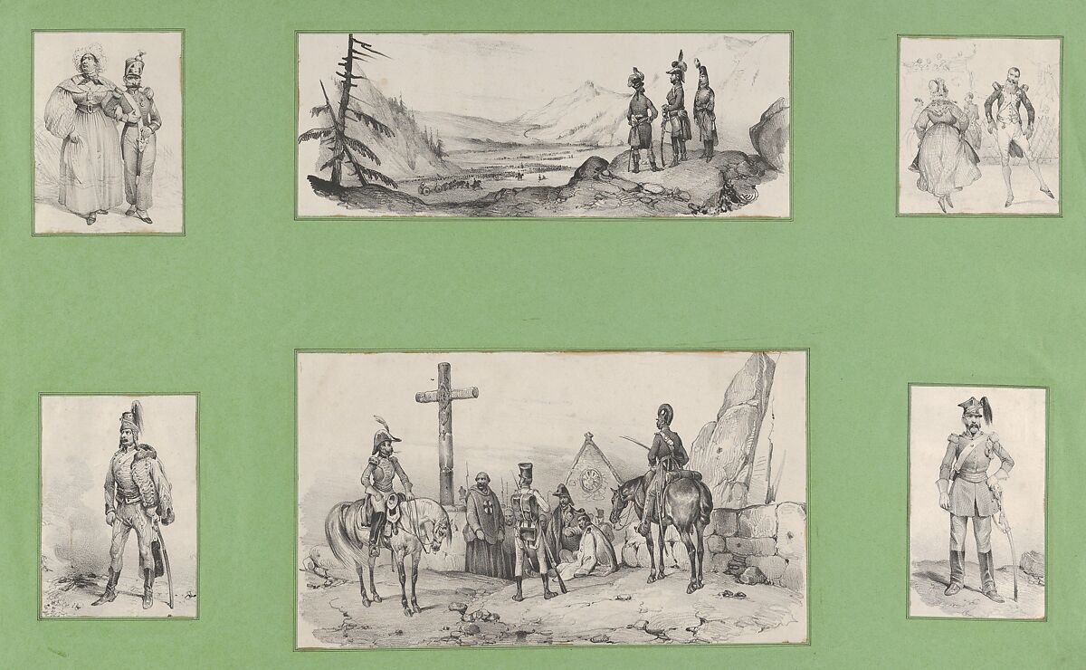 Soldiers and Landscapes, (6 prints mounted onto a green album sheet), Victor Adam (French, 1801–1866), Lithograph 