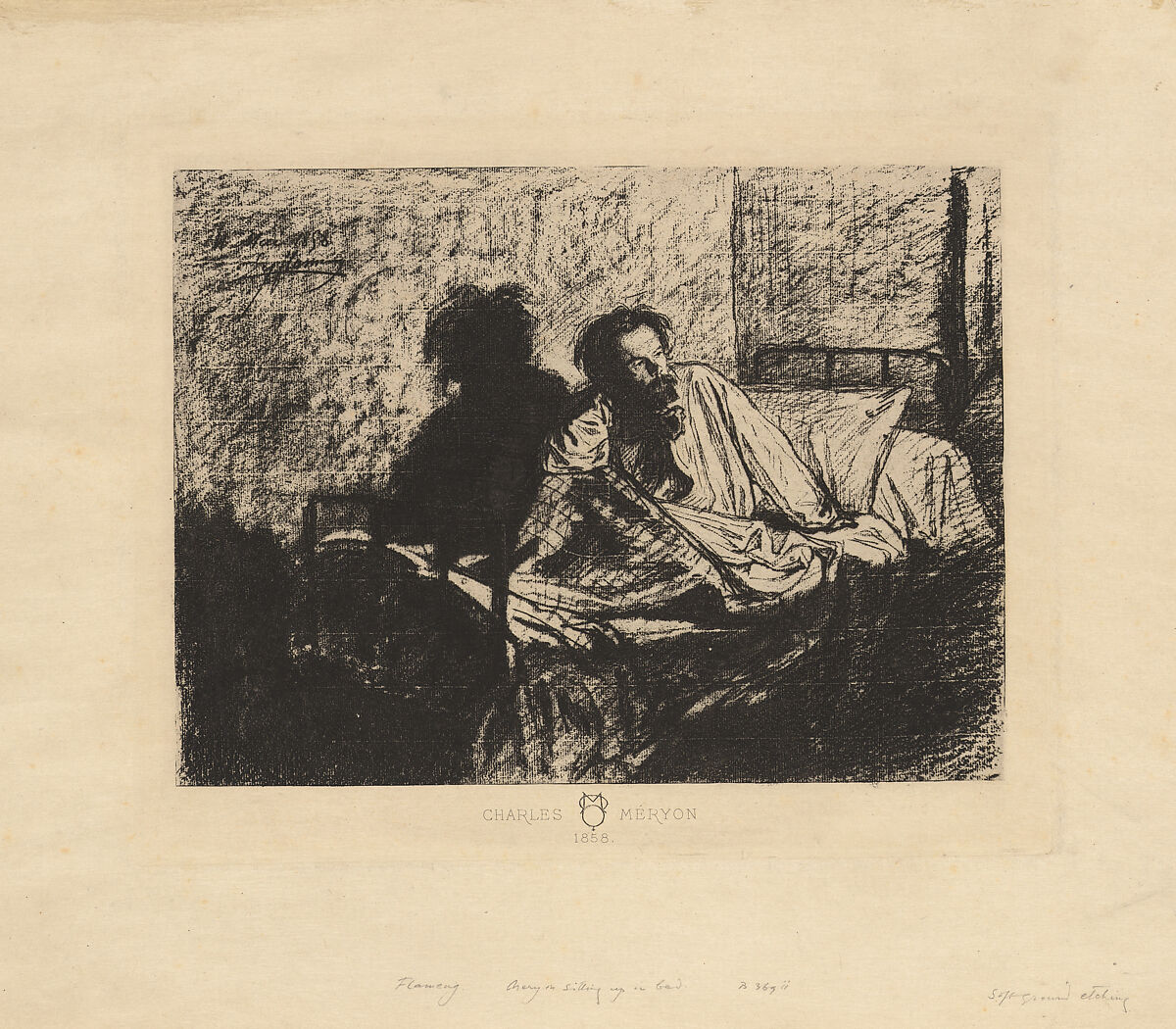 Portrait of Meryon Sitting up in Bed, Léopold Flameng (French (born Belgium), Brussels 1831–1911 Paris), Soft-ground etching or photogravure 